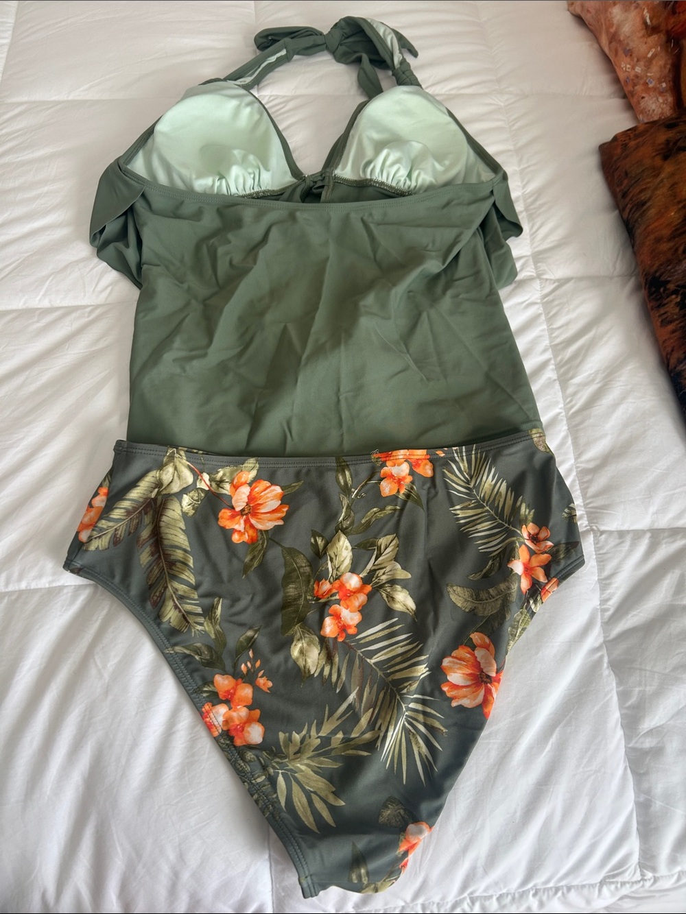 Olive Green Draped Tankini with Floral Bottoms - Picture 3 of 3